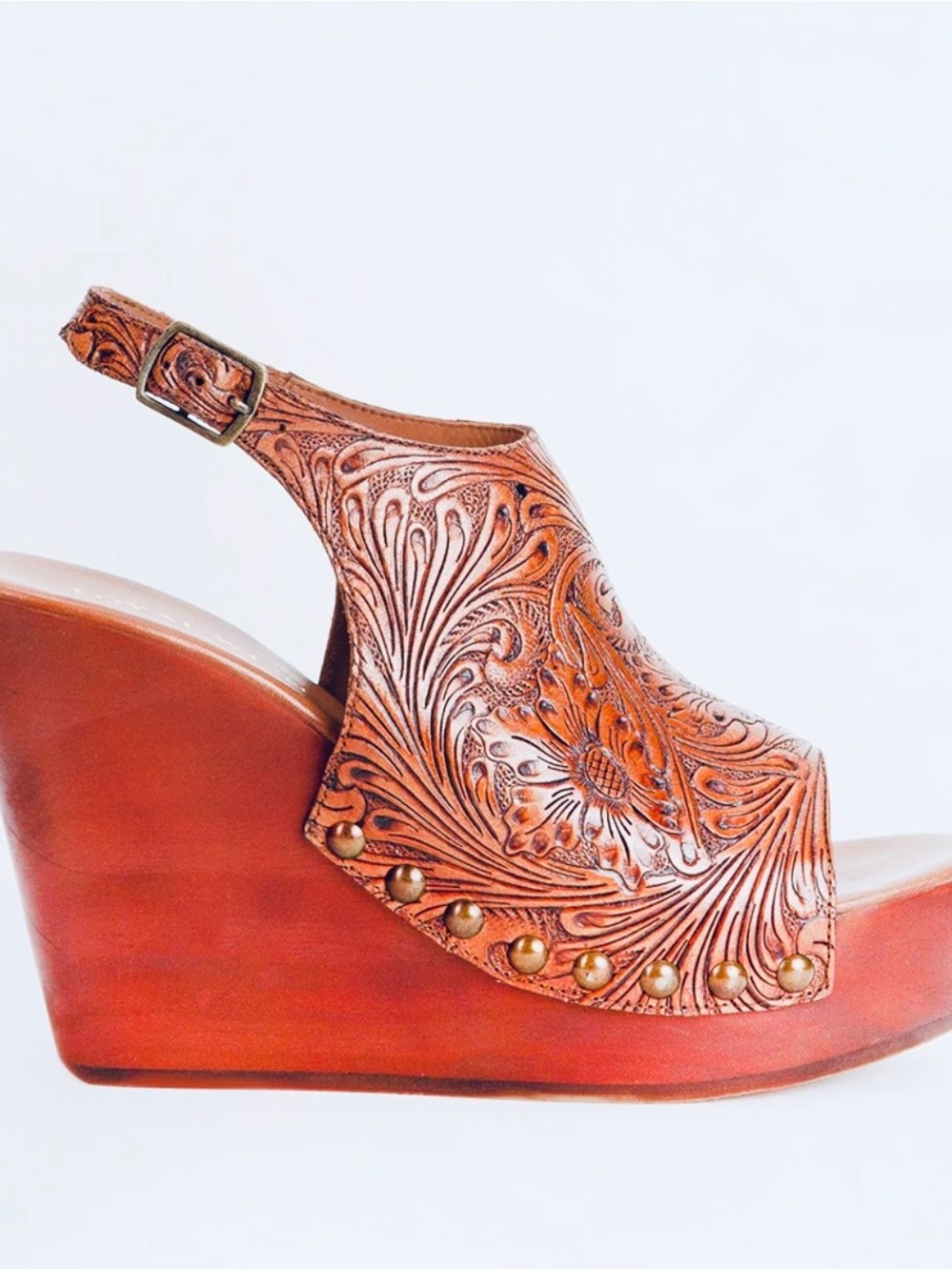 Myra Bag - Loyal West Line Amelia Hand Tooled Leather Wedge Sandals - Tan - Picture 7 of 7